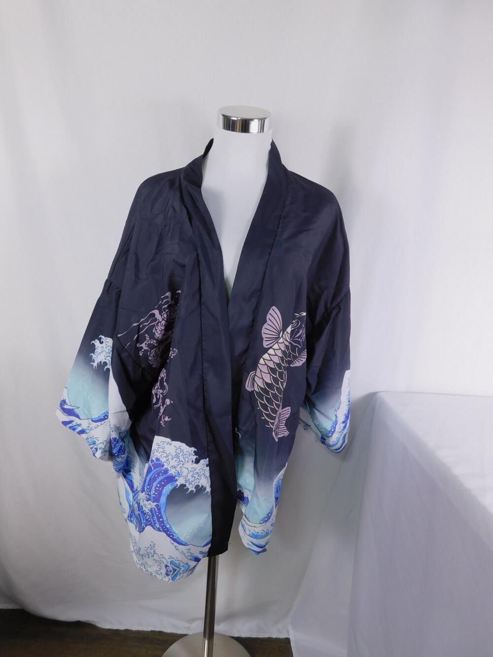 Blue Koi Fish Kimono Jacket Mens One Size Wave Print Lightweight Open Front